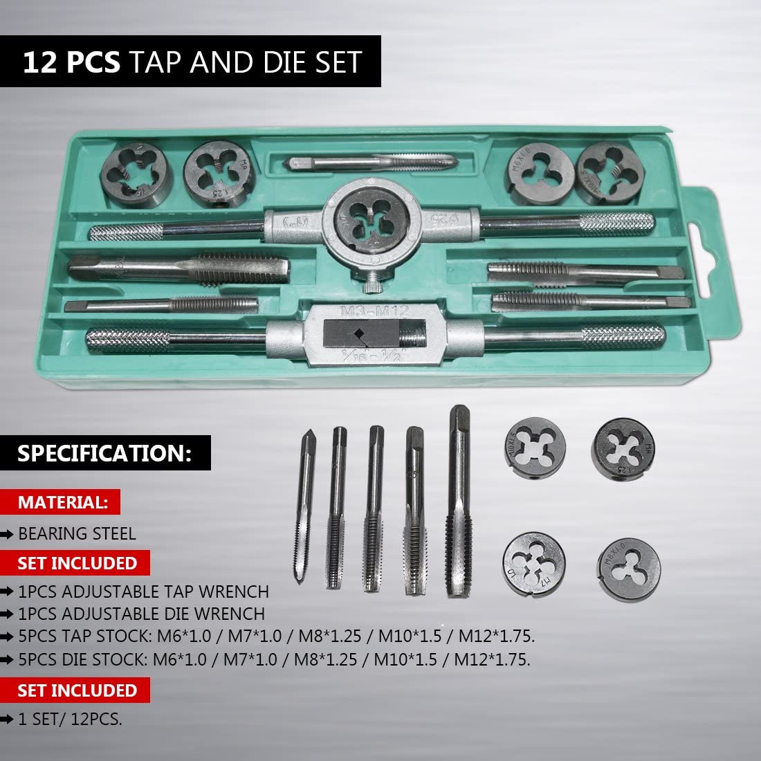 Volterin 12-Piece Tap and Die Set - Metric Inch Sizes | Essential Threading  Tool with Storage Case (12 Pcs, Green) - - Amazon.com