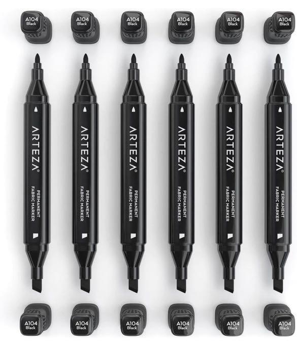 Arteza Fabric Markers, Black, Chisel & Fine Tip Dual-Tip - Pack of 6Image2