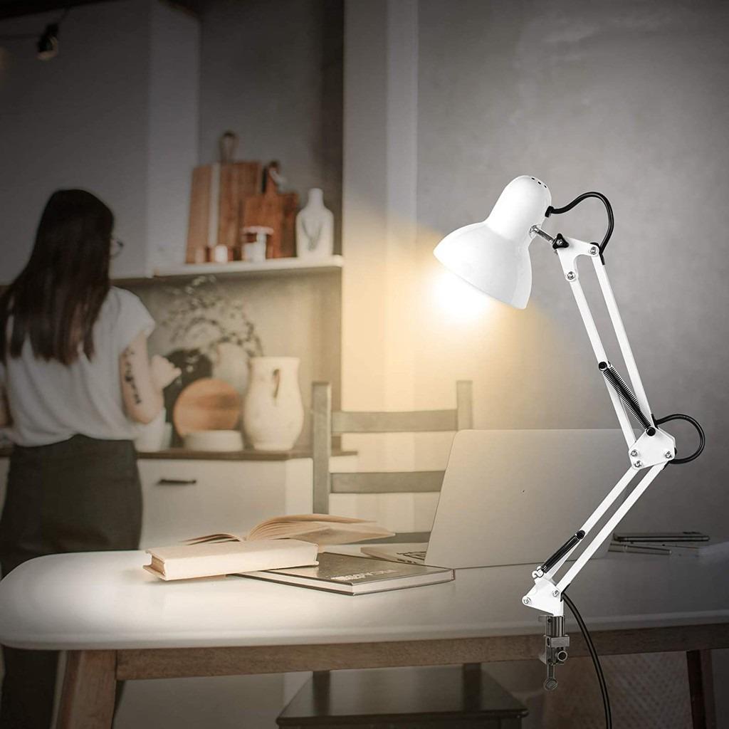 Metal Desk Lamp Black Adjustable Goose Neck Swing Arm Table Lamp with Interchangeable Base Or Clamp